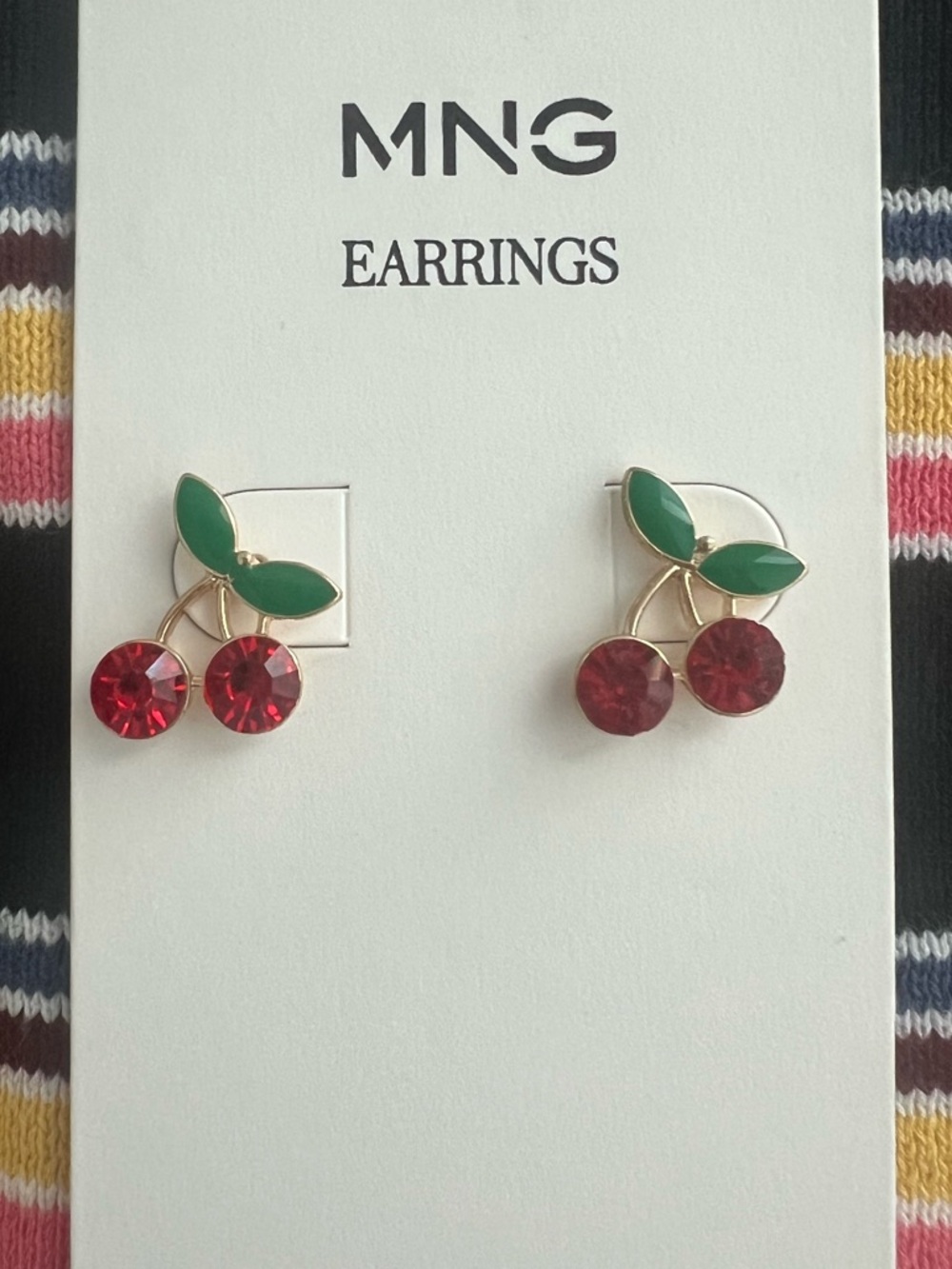 MNG Mango Cherry Earrings Red Rhinestone Stud Cute Fruit Jewelry Gift